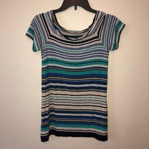 🌞 Max Studio Size Small Tee Tshirt Swoop Neck Blue Teal Stripe